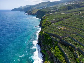 Papier Peint photo Lavable les îles Canaries Aerial View at San Andres village near Los Sauces at northeast of La Palma Island. Green Volcanic Hills, and the Coast of the Atlantic Ocean. Canary Islands, Spain. 