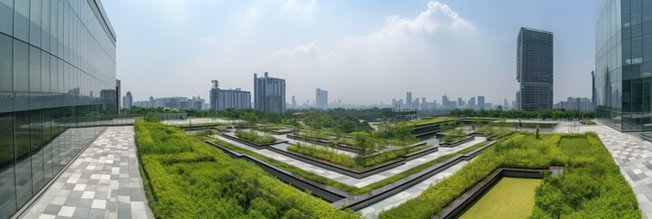 Generative AI illustration of Gorgeous garden on the rooftop of a contemporary glass office building in Asia