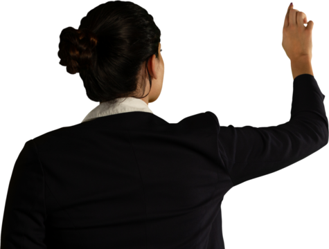 Rear view of woman touching invisible screen