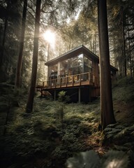 Fototapeta na wymiar A modern house in forest perfect for isolated vacation or just a peaceful relax in the connection with nature. Modern architecture. Generative Ai.