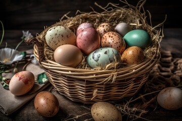 Fototapeta na wymiar colorful Easter basket filled with a variety of eggs. Generative AI
