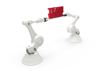 Tuinposter Robotic hand holding team work text © vectorfusionart
