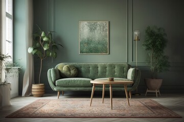 Green and beige minimalist living room with carpeted floor, wallpaper, and fabric couch. Beautiful vintage decor,. Generative AI