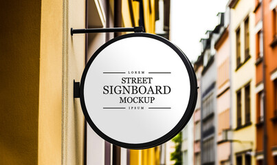 Circle round white signboard on the wall outdoor, mock up for logo design, brand presentation for companies, shops.