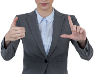 Businesswoman hand gesturing against white background