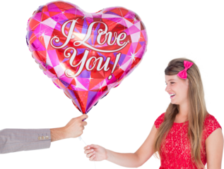 Geeky hipster offering red heart shape balloon to his girlfriend