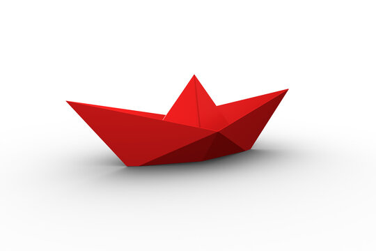 Red origami boat over white background