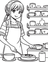 Funny girl preparing food in the kitchen in an apron. Anime girl cooking, vector coloring for children