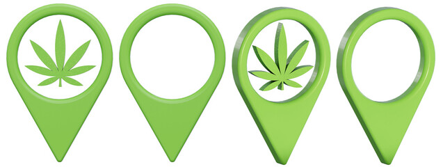 the map pointer icon, location tag, location icon with weed shape inside, for guiding smokers.