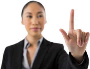 Businesswoman pressing an invisible virtual screen