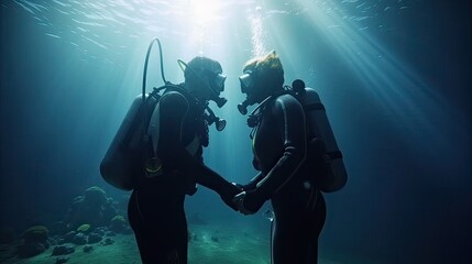 two Scuba divers training. Two scuba divers in silhouette swimming to the surface in the rays background. Non-existent person. Generative Ai.