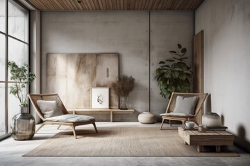 Wabi sabi living room. Interior mockup,. Generative AI