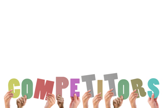 Colorful alphabet spelling competitors held by people