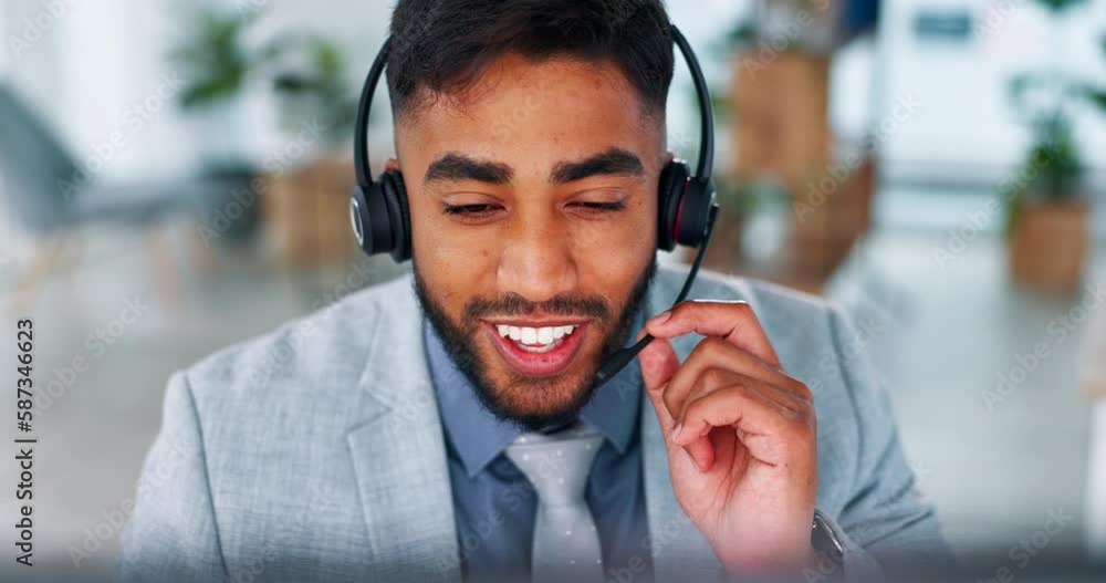 Poster businessman, call center and face consulting with headphones on computer for customer service or sup