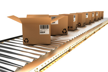 Row of brown boxes on conveyor belt