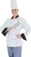 Female chef holding meat cleaver 