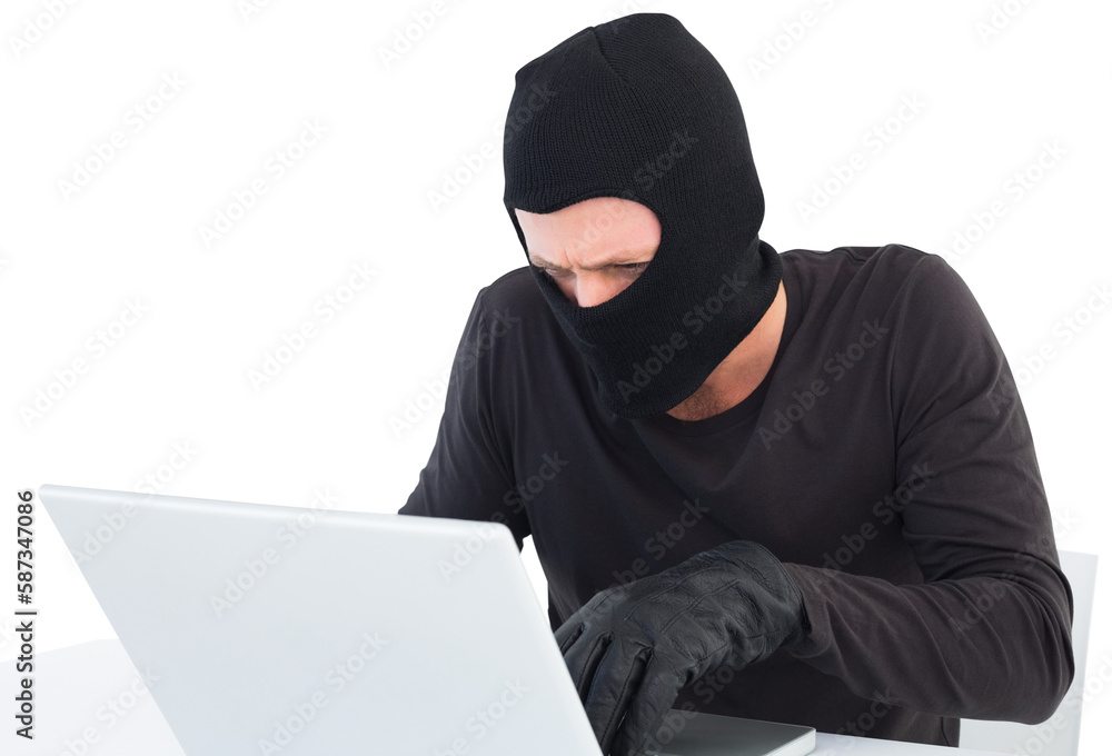 Poster hacker using laptop to steal identity