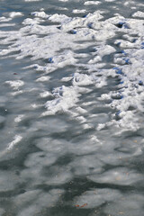 Melting snow on river ice on a spring day