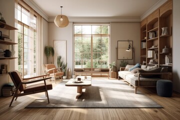 cozy living room with natural light and comfortable furniture. Generative AI