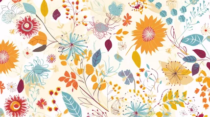 Selbstklebende Fototapeten illustration of botanical plant leaves and flowers wallpaper great for post cards generative ai © KWY