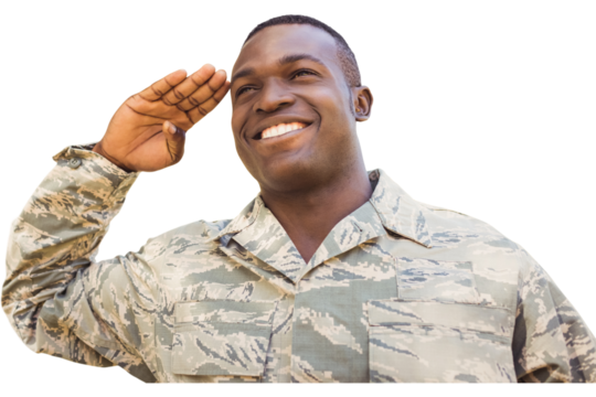 Smiling soldier saluting