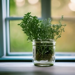 Generative AI fresh herb in glass jar by window