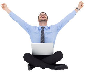 Businessman sitting on the floor cheering