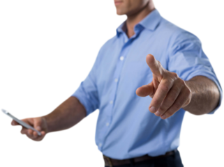 Male executive pressing an invisible virtual screen while using mobile phone