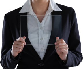 Midsection of businesswoman pretending to use digital tablet