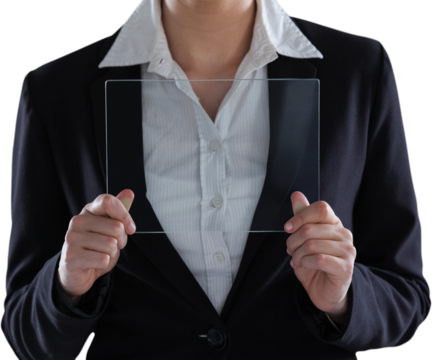 Midsection of businesswoman pretending to use digital tablet