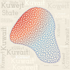 Kuwait map design featuring country names in different languages and a geometric low poly triangle pattern. Vibrant vector illustration of Kuwait.