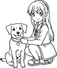 Anime girl play with dog, vector coloring for children.