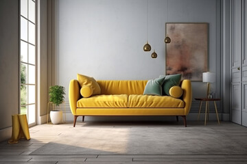Fototapeta na wymiar Modern yellow sofà, view front, White Wall behind, interiors design mockup - Ai generative