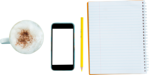 Coffee mug, mobile phone, pencil and notepad