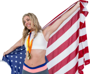 Athlete posing with american flag after victory