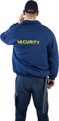 Rear view of security officer listening to earpiece