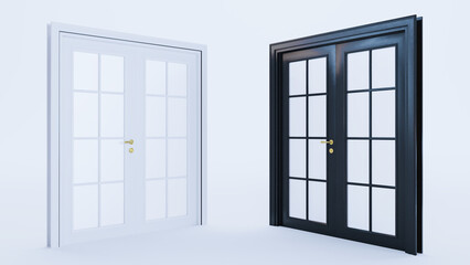 3D render of white and black doors isolated on white background,