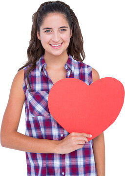 Portrait of smiling woman holding heart card