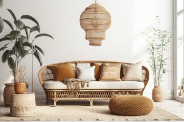 Boho living room with wicker couch and potted pampas on white wall. Generative AI