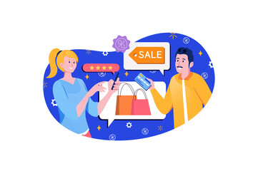 Shopping blue concept with people scene in the flat cartoon design. Man and woman choose different goods with a discount.