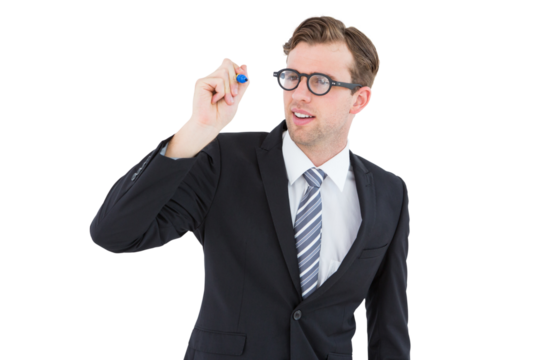 Geeky businessman writing with marker