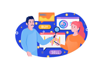 Blue concept stock market with people scene in the flat cartoon design. Economists analyze the stock market and all financial data.