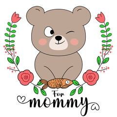 For mommy bear mother's day , baby  bear gives the fish to the Mommy bear with Flowers on transparent background. EPS. SVG. File vector illustration character design baby bear with happy mom 