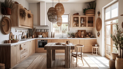 The nomadic boho-inspired kitchen features a rustic decor and a mockup frame on the wall. 