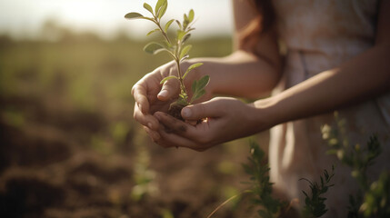 Fototapeta premium person holding a small plant in their hands. Generative AI.