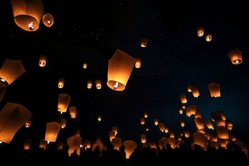 Sky Lanterns on the Night Sky created with Generative AI technology
