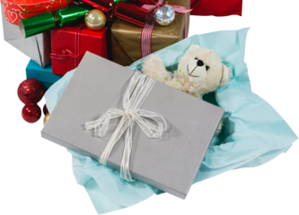 Christmas presents with soft toy and decoration