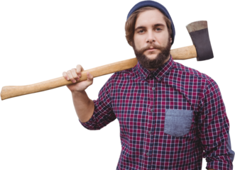 Hipster holding axe on shoulder