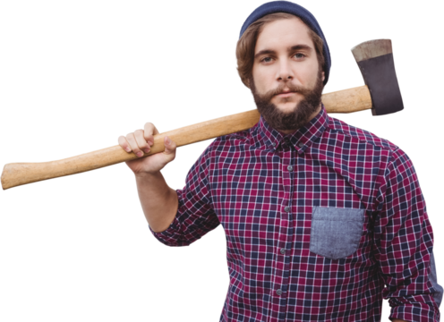 Hipster holding axe on shoulder