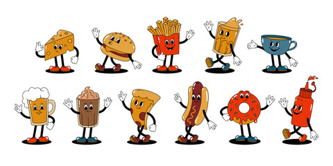 Vector set with cartoon retro mascots colored illustrations of walking street food. Vintage style 30s, 40s, 50s old animation. Stickers isolated on white background. - 587351007